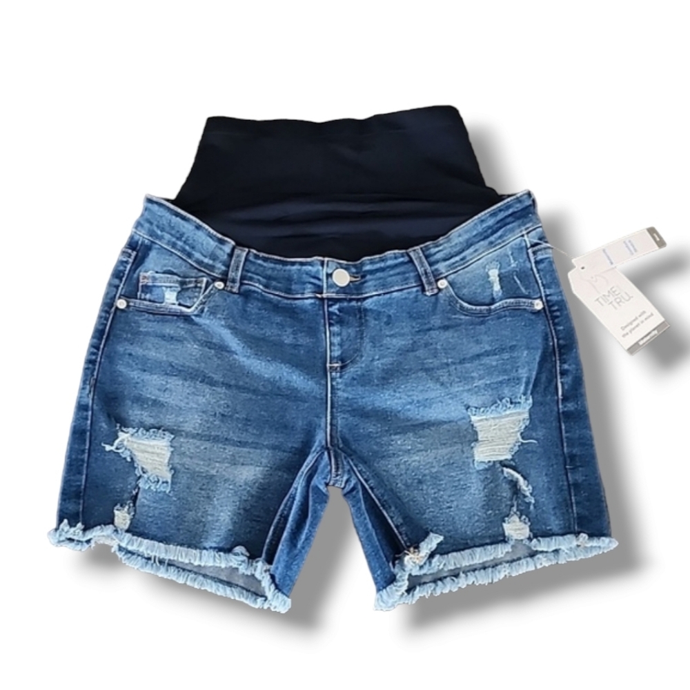 TIME AND TRU Maternity Jean Shorts M 8 10 Distressed Bermuda Stretch Belly Band - Picture 4 of 9